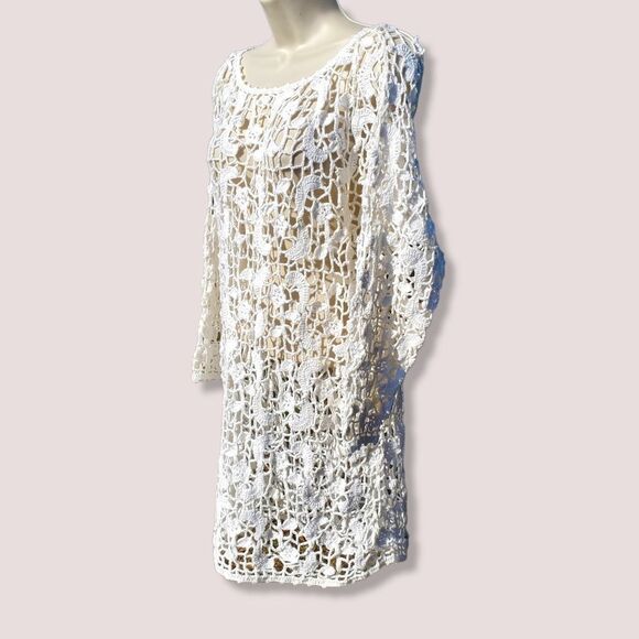 Express Handmade Essentials Off White Cream Crochet Lace Open Knit Tunic Dress - Picture 3 of 7